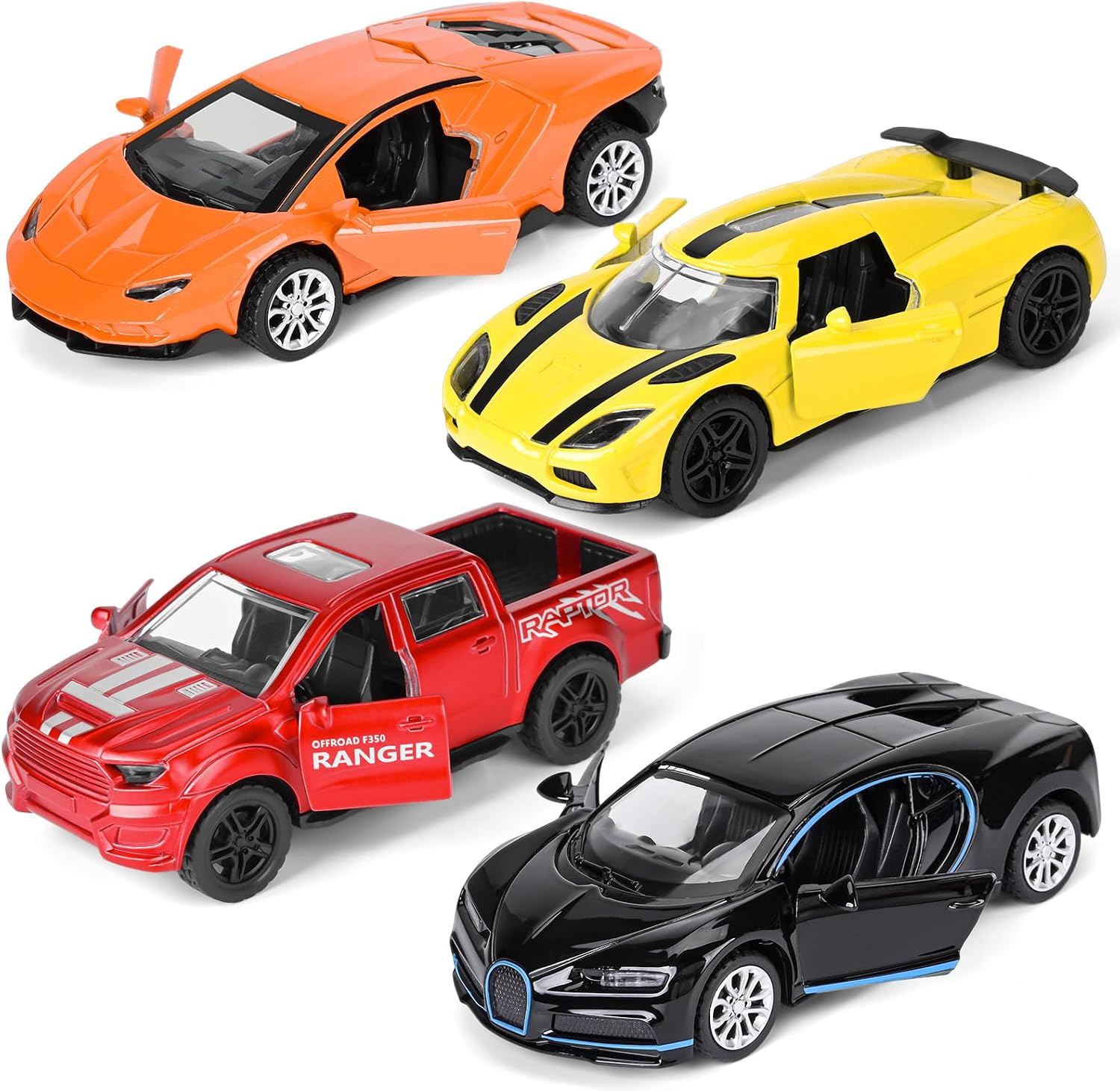 1:36 Pull-Back Die-Cast Cars with Opening Doors, Pack of 4