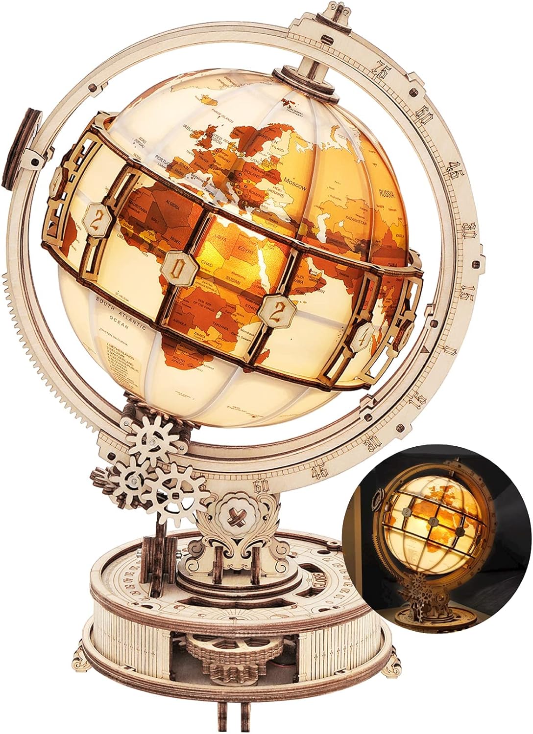 3D Wooden Puzzle Kit – Illuminated Globe with Stand, 180 Pieces