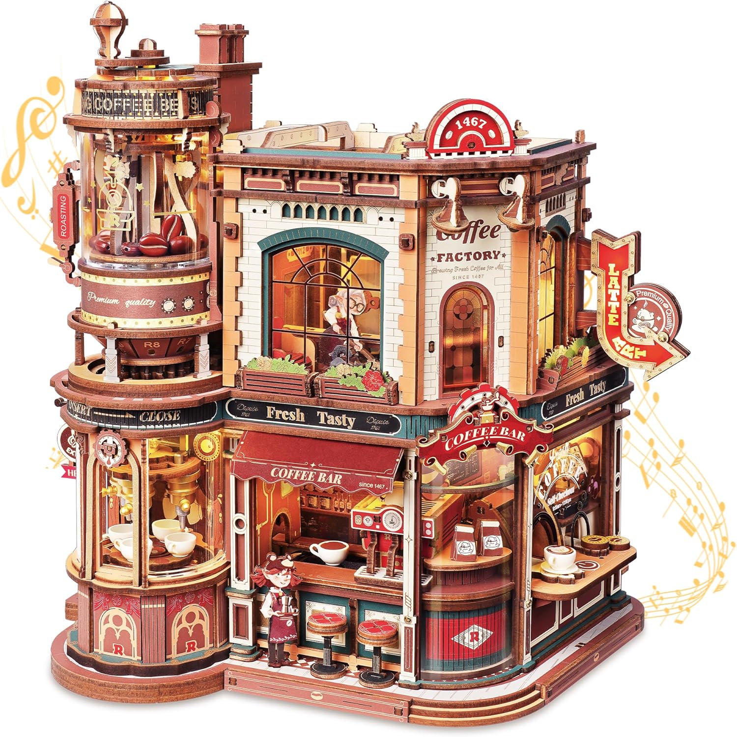 DIY Miniature House Kit – Moving Coffee Workshop with Music Box and LED