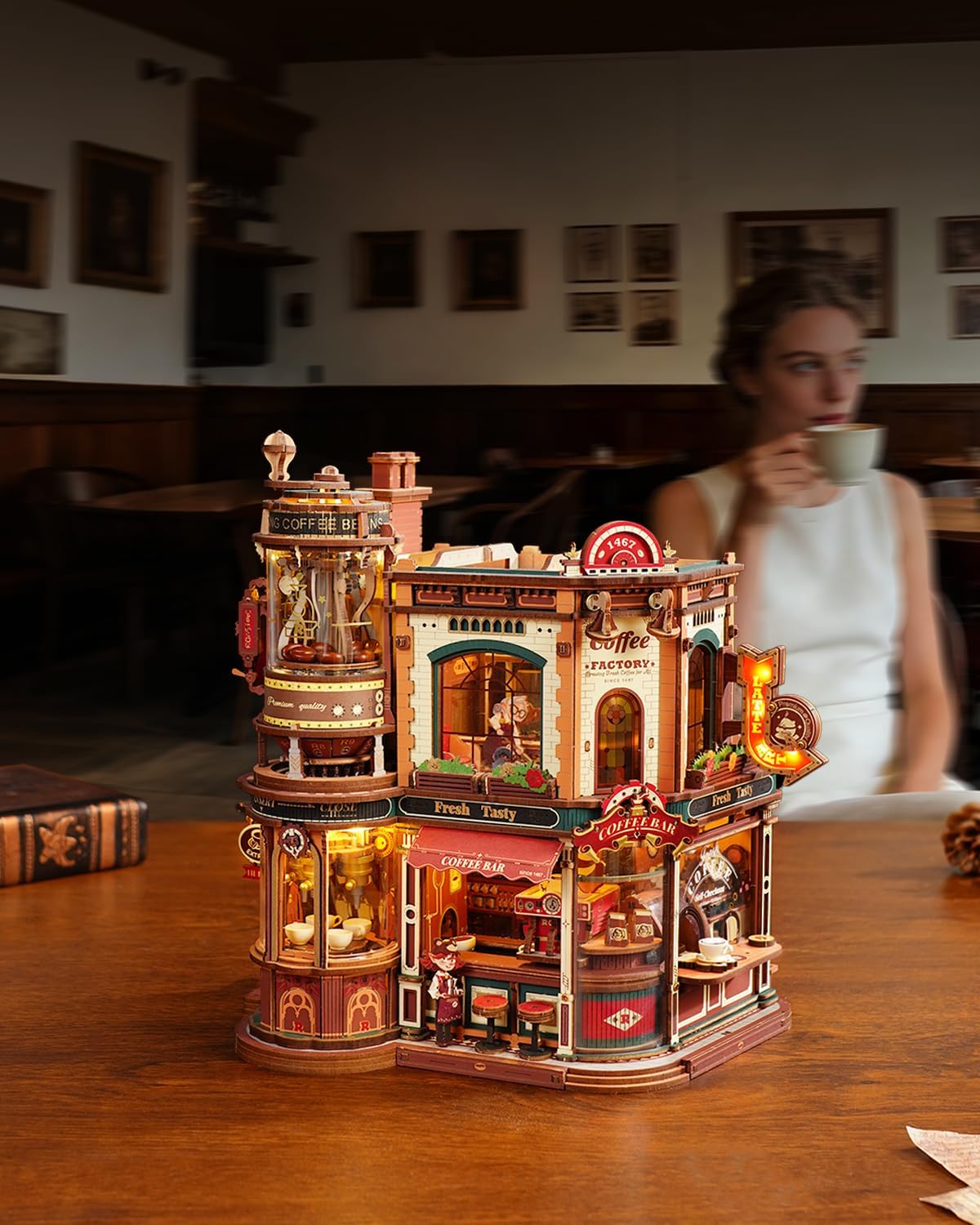 DIY Miniature House Kit – Moving Coffee Workshop with Music Box and LED