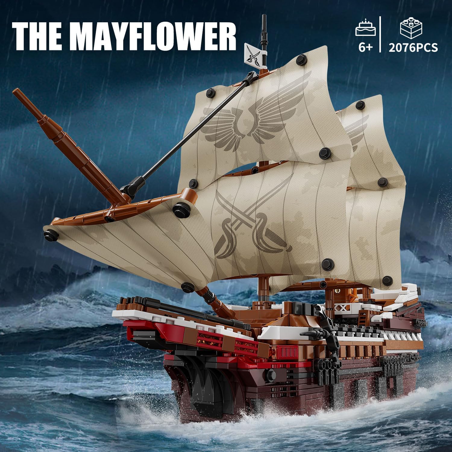 Pirate Sailing Ship Building Block Set with LED Lights, 2,076 Pieces